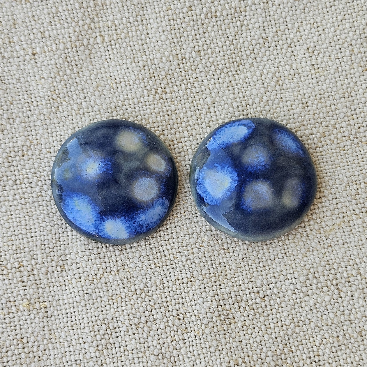 Round Artisan Ceramic Cabochons, Sapphire Opal Dots, one pair