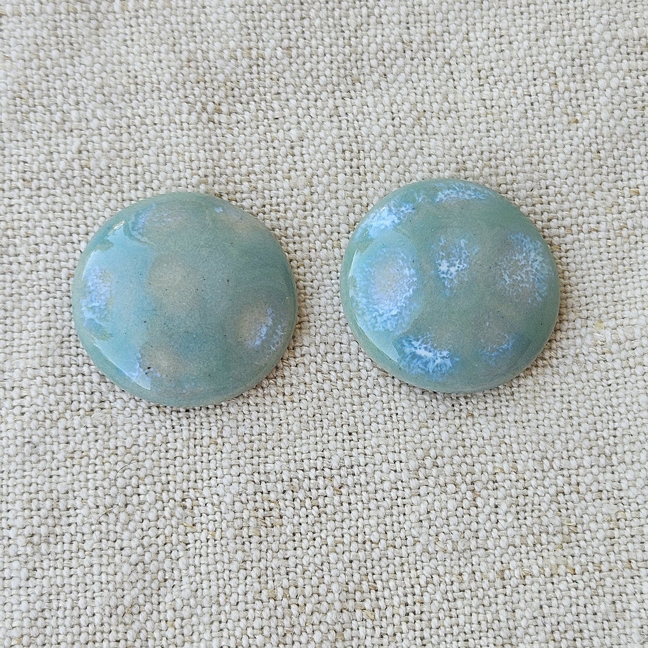 Round Artisan Ceramic Cabochons, Mint Beige Opal Dots, one pair