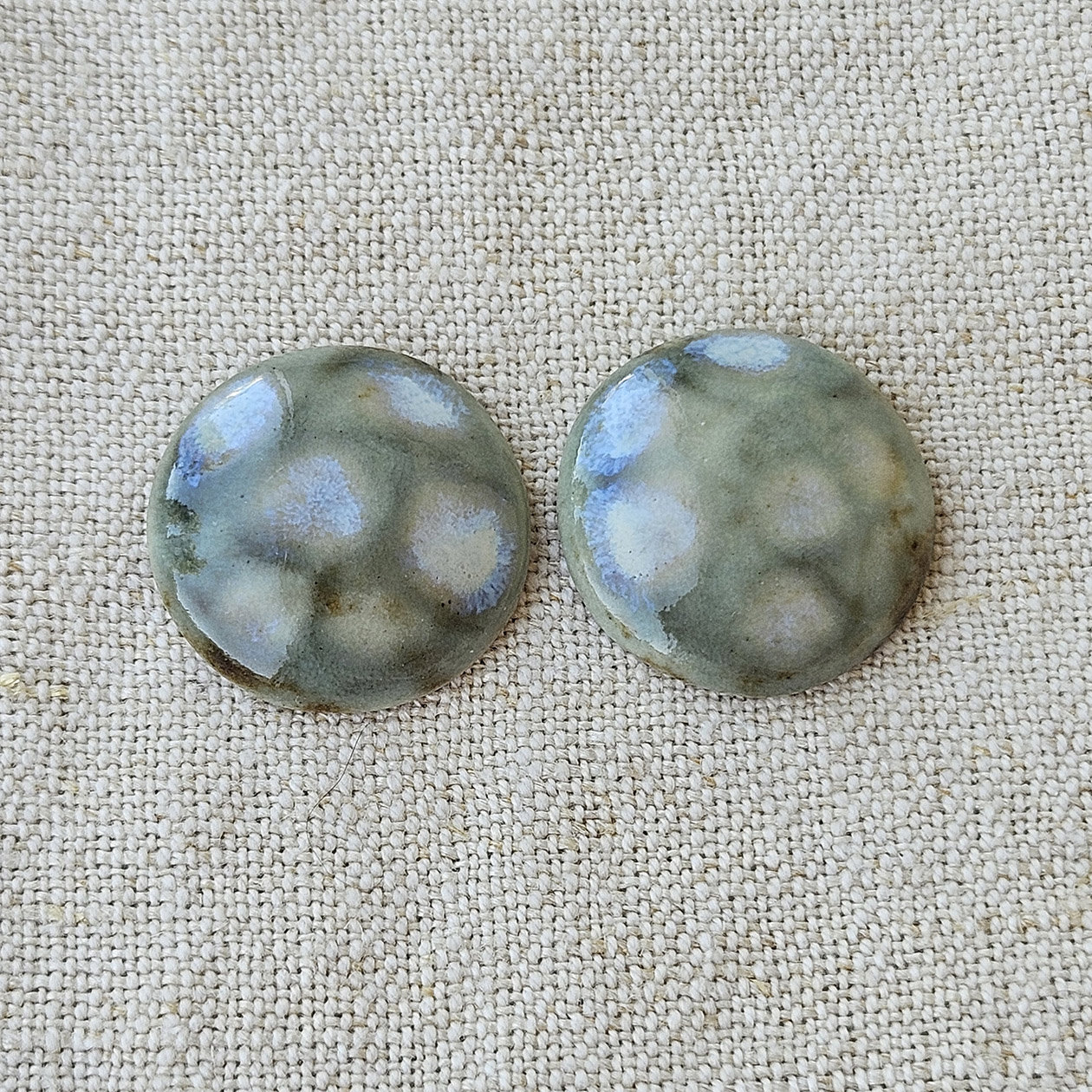 Round Artisan Ceramic Cabochons, Brownish Mint Opal Dots, one pair