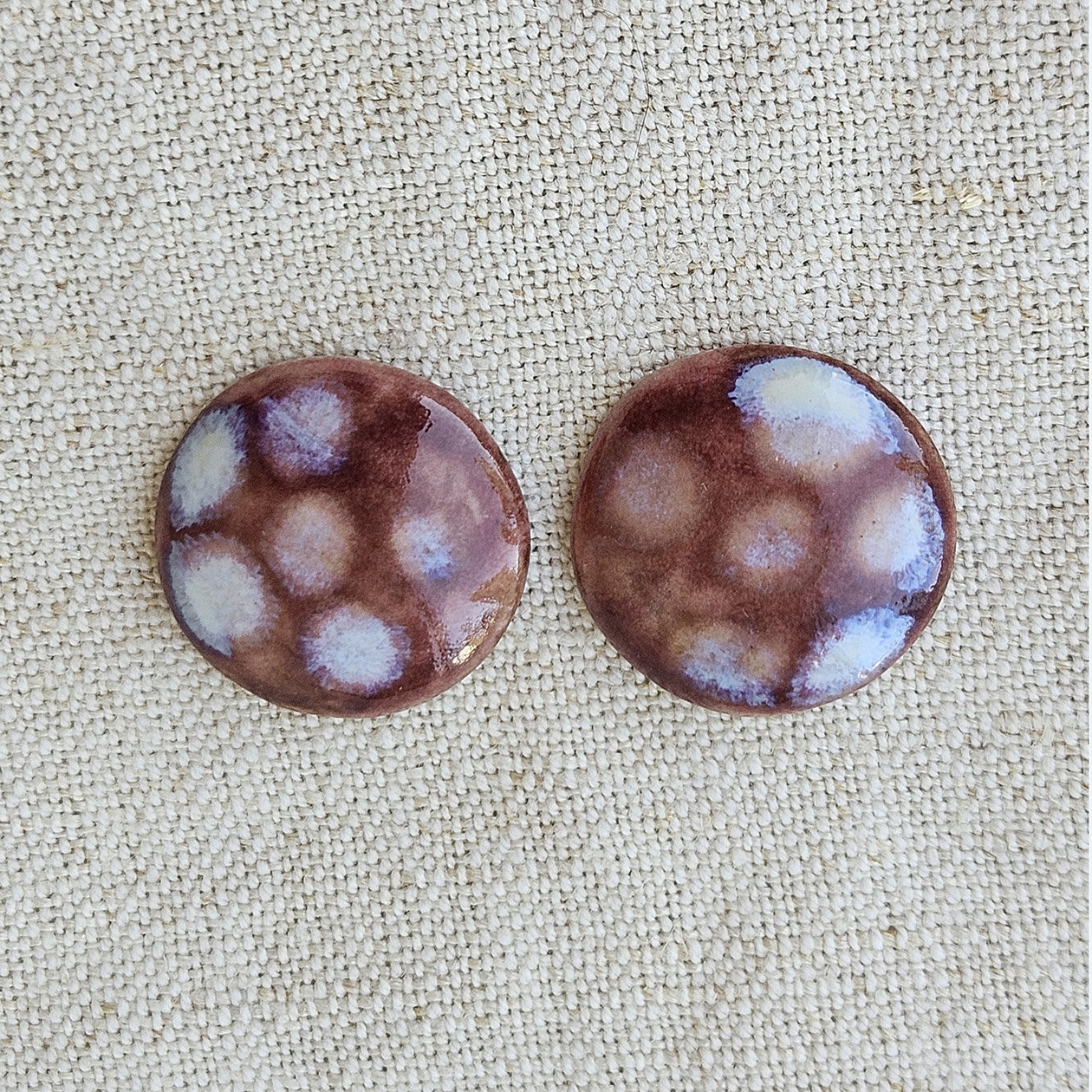 Round Artisan Ceramic Cabochons, Dark Old Rose Opal Dots, one pair