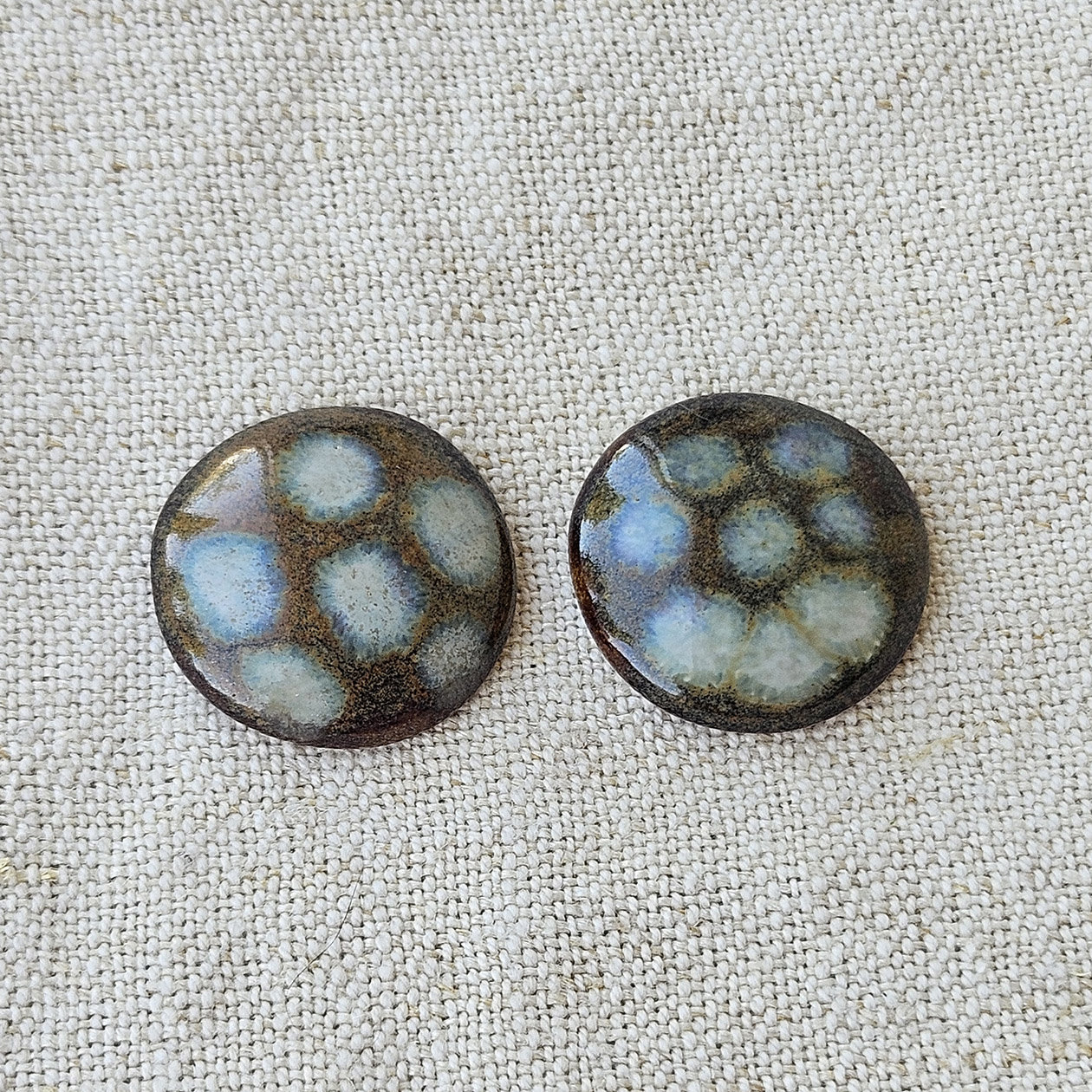 Round Artisan Ceramic Cabochons, Yellow Brown with White Dots, one pair
