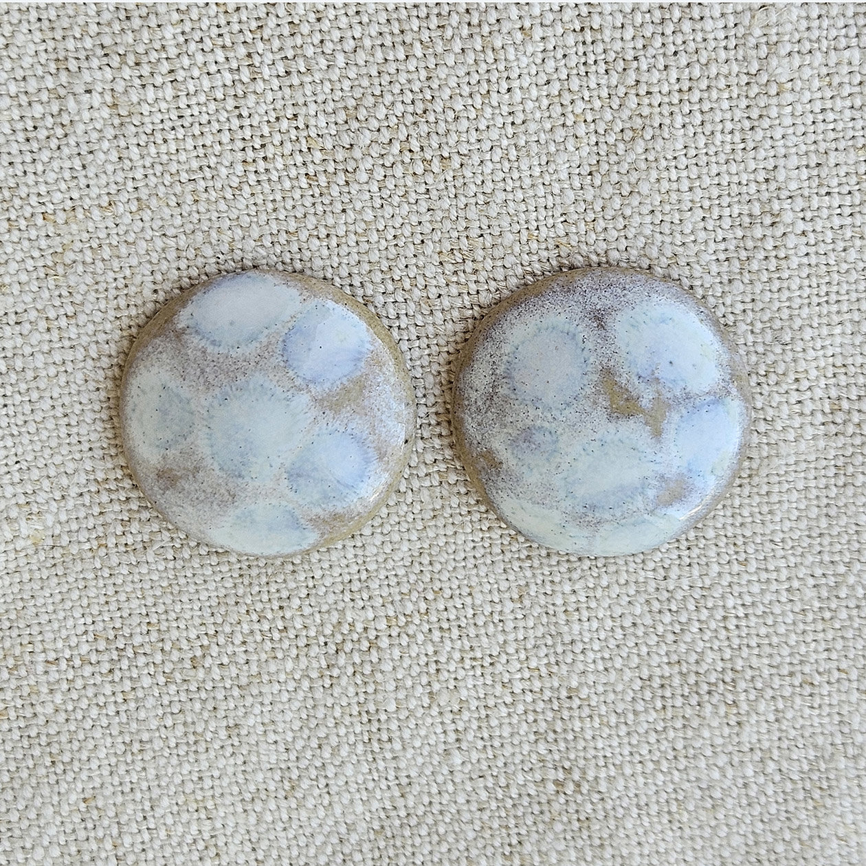 Round Artisan Ceramic Cabochons, Beige Opal White Dots, one pair