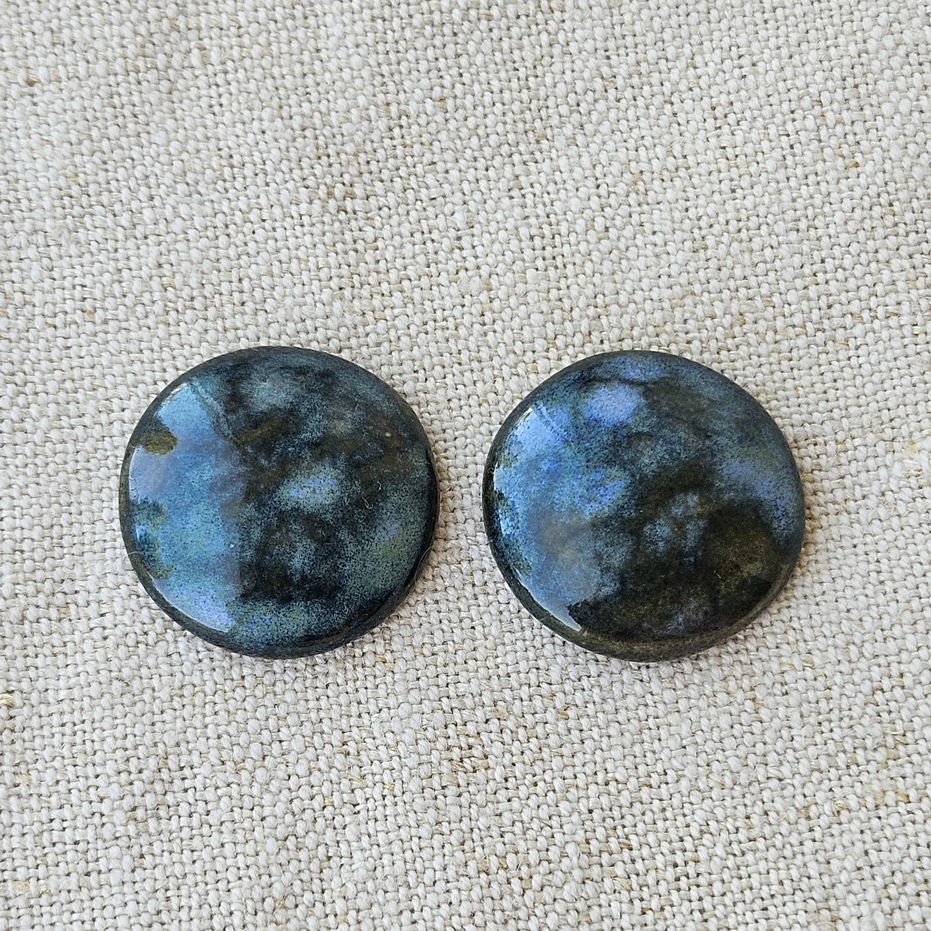 Round Artisan Ceramic Cabochons, Teal Travertine, one pair