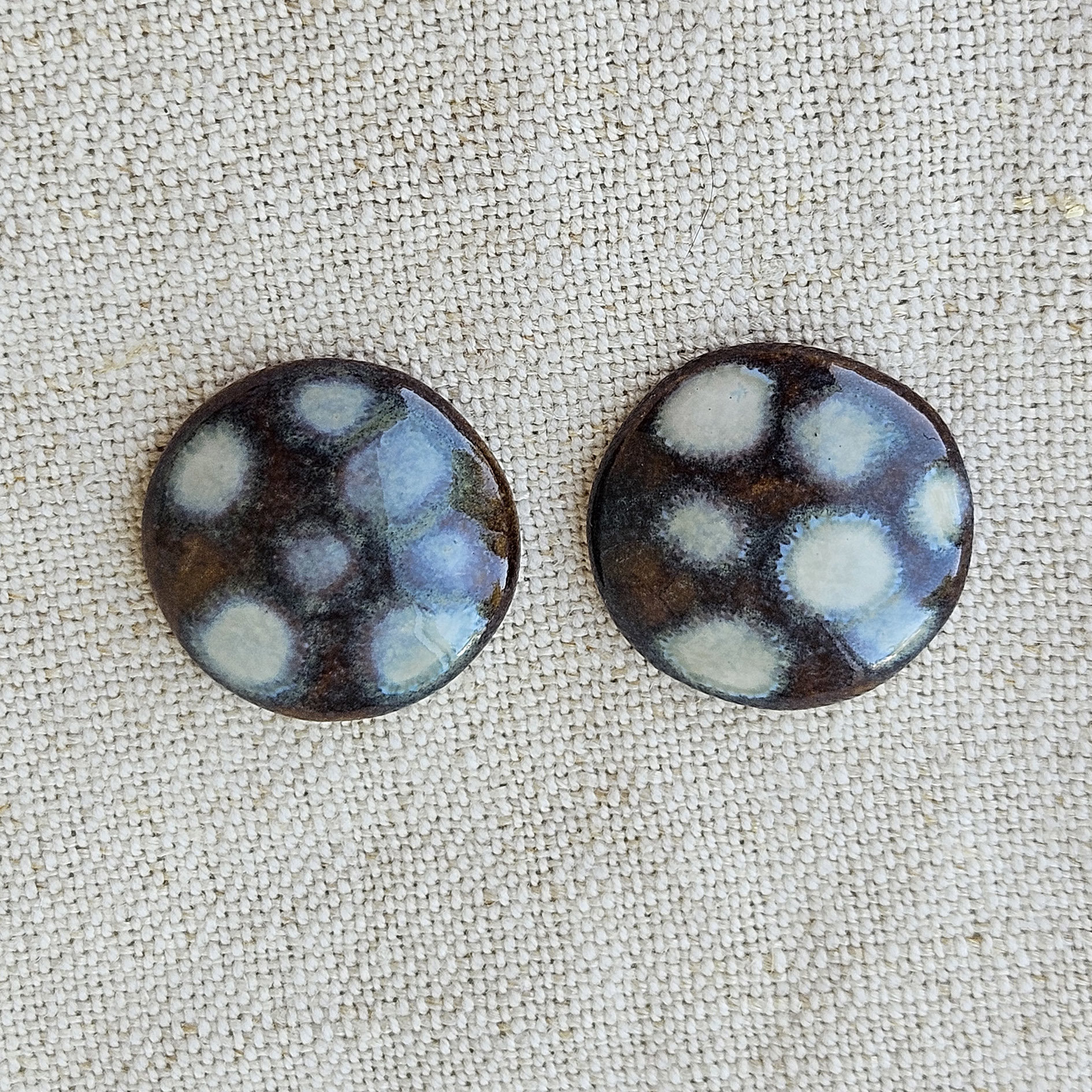 Round Artisan Ceramic Cabochons, Dark Brown White Dots, one pair