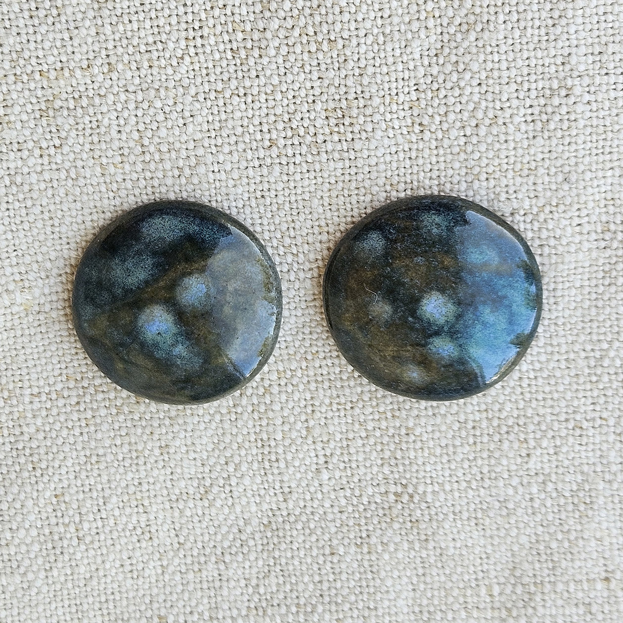 Round Artisan Ceramic Cabochons, Teal Travertine (2), one pair