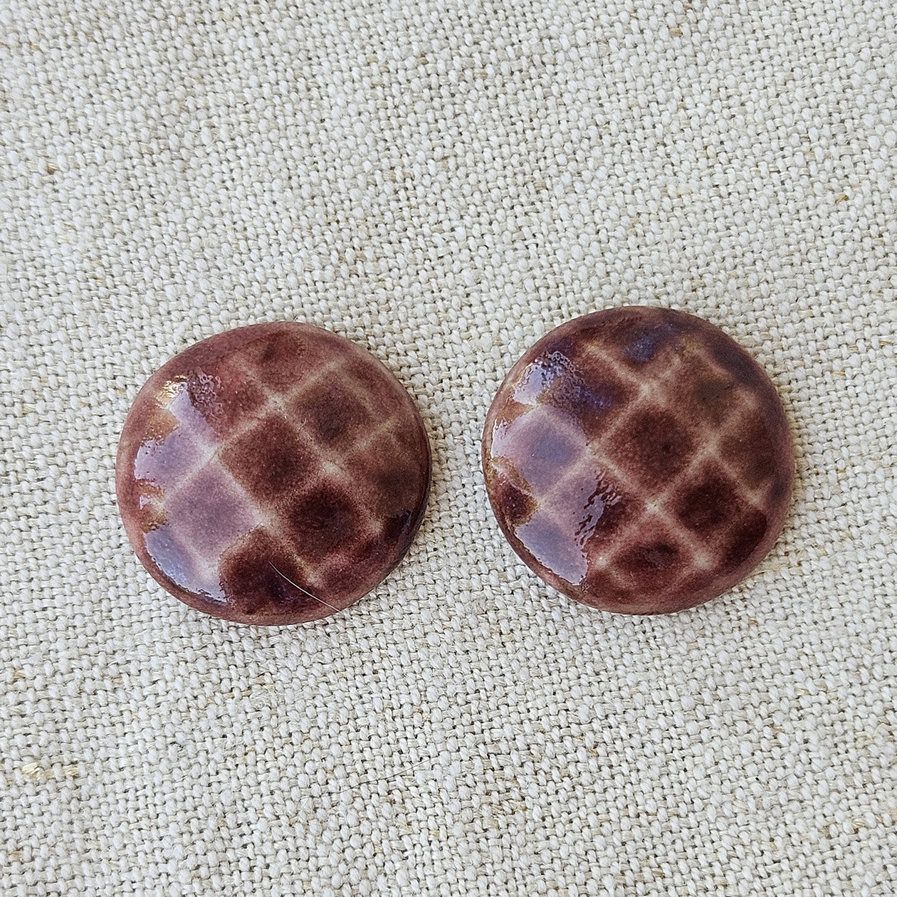Round Faceted Artisan Ceramic Cabochons, Old Rose Brownish, one pair