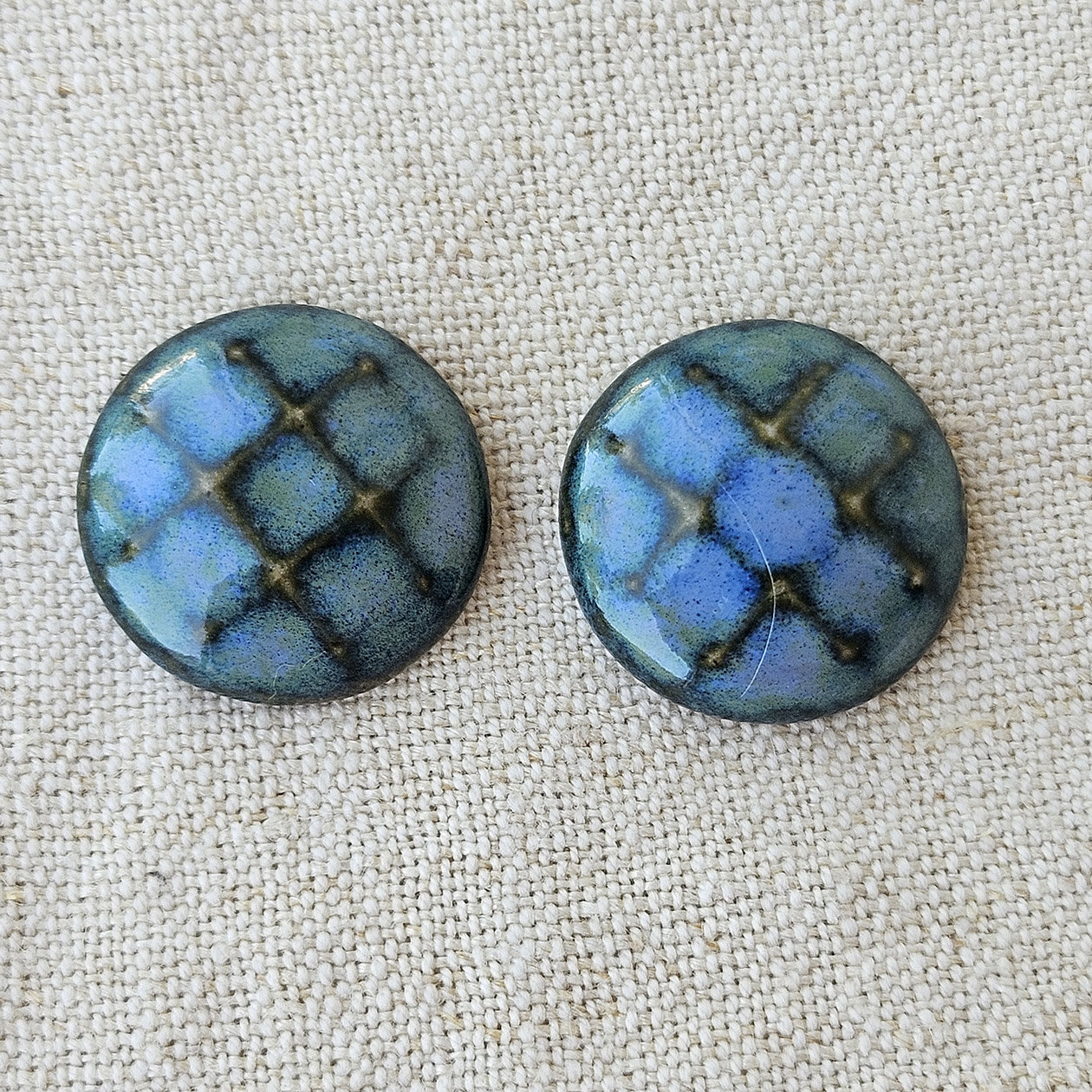 Round Faceted Artisan Ceramic Cabochons, Blue Green Travertine, one pair