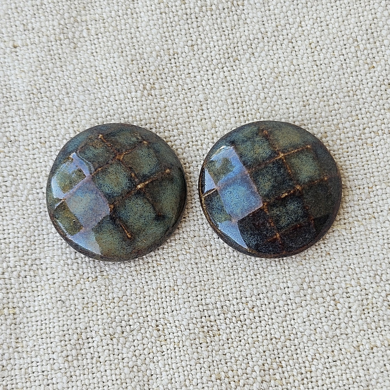 Round Faceted Artisan Ceramic Cabochons, Moss Green Travertine, one pair