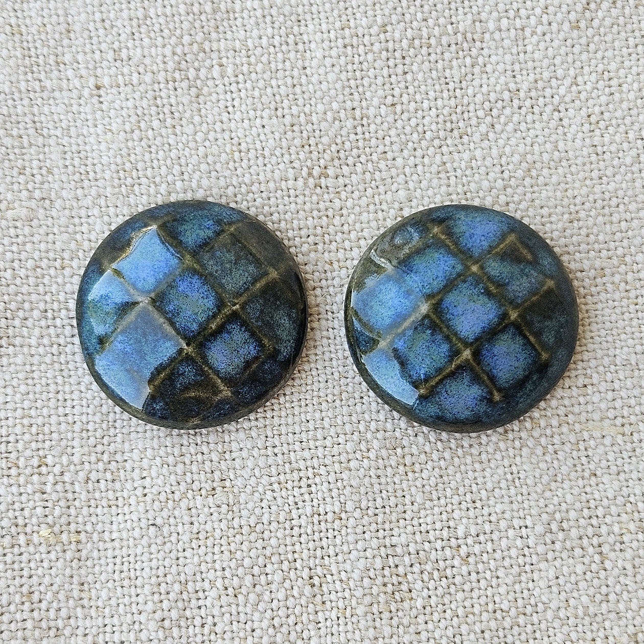 Round Faceted Artisan Ceramic Cabochons, Blue Travertine, one pair