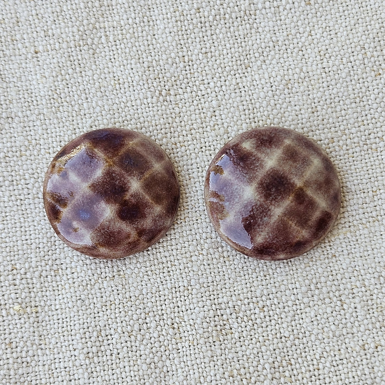 Round Faceted Artisan Ceramic Cabochons, Purplish Brown, one pair