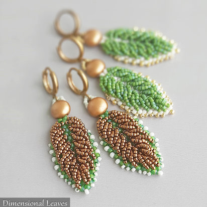 DIMENSIONAL LEAVES Earrings - Beading Pattern - Beaded earrings made with Seed beads and 2-hole Candy beads - Instant PDF Download