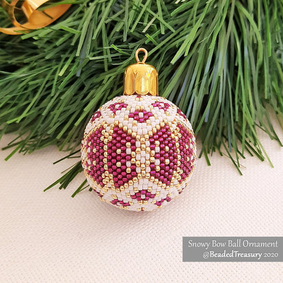 SNOWY BOW BALL Beading Pattern - Beaded Christmas Ornament Instructions - Peyote Stitch - Instant Pdf Download