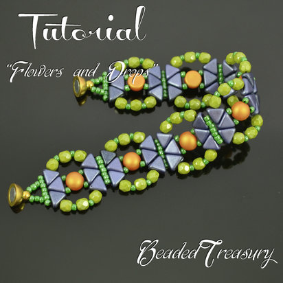 FLOWERS AND DROPS - beadwoven bracelet tutorial, Cabochon Kheops bead pattern, beaded bracelet pattern, beadweaving, seed beads / TUTORIAL ONLY