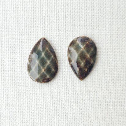 Faceted Drop Artisan Ceramic Cabochons, 25x16mm, Woody Forest