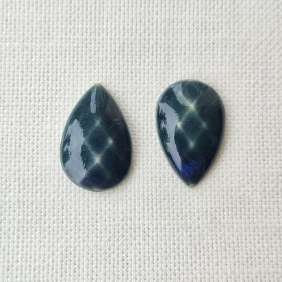 Faceted Drop Artisan Ceramic Cabochons, 25x16mm, Deep Green