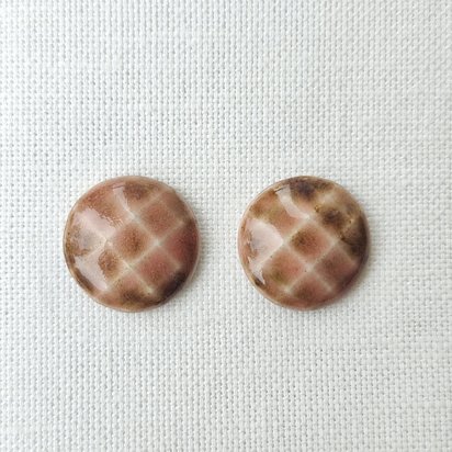 Round Faceted Artisan Ceramic Cabochons, Brownish Salmon, one pair