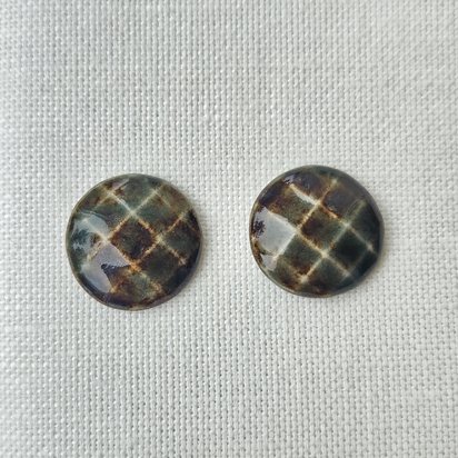 Round Faceted Artisan Ceramic Cabochons, Woody Forest, one pair