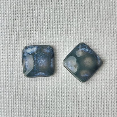 Square Artisan Ceramic Cabochons, 18x18mm, Deep Malachite Green with Blueish Clouds