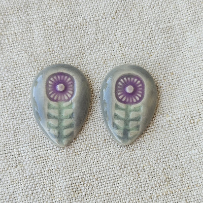 Flower Drop Artisan Ceramic Cabochons, Purple and Gray, one pair