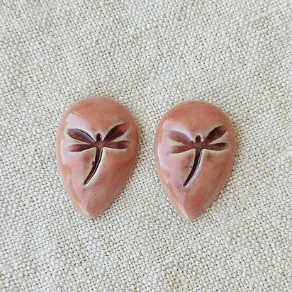 Dragonfly Drop Artisan Ceramic Cabochons, Pink/Old Rose, one pair
