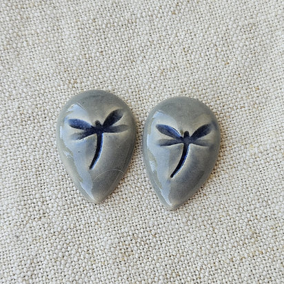 Dragonfly Drop Artisan Ceramic Cabochons, Blue Gray, one pair