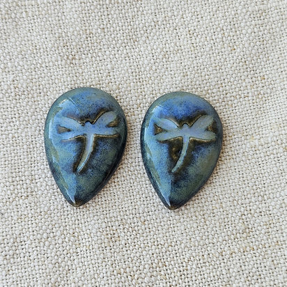 Dragonfly Drop Artisan Ceramic Cabochons, Blue Travertine, one pair