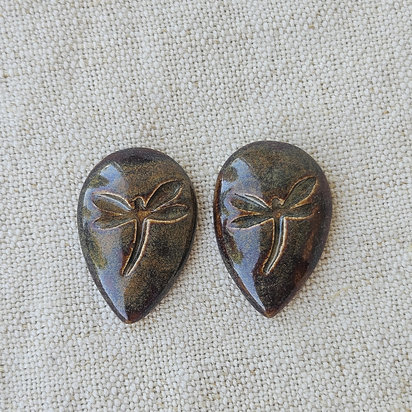 Dragonfly Drop Artisan Ceramic Cabochons, Brown Travertine, one pair