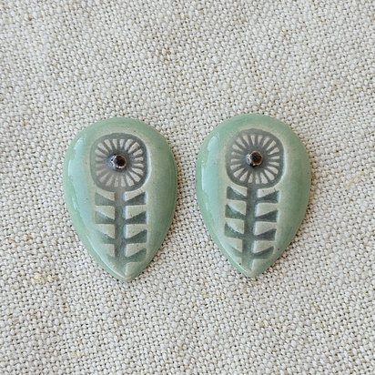 Flower Drop Artisan Ceramic Cabochons, Light Green and Gray, one pair