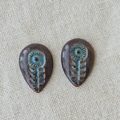 Flower Drop Artisan Ceramic Cabochons, Teal and Smokey Merlot, one pair