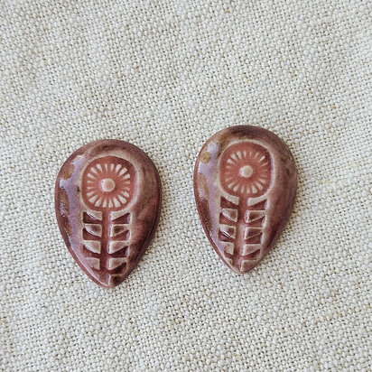 Flower Drop Artisan Ceramic Cabochons, Pink/Old Rose, one pair