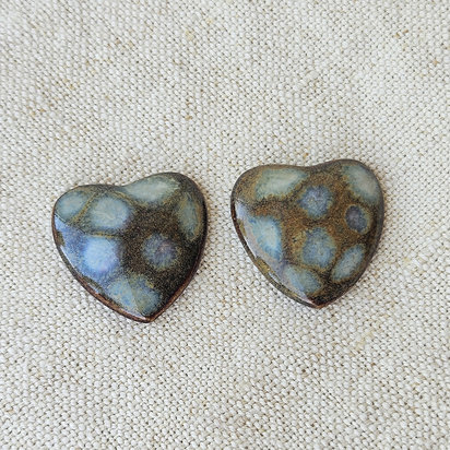 Heart Artisan Ceramic Cabochons, Brown Opal Dots, one pair