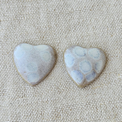 Heart Artisan Ceramic Cabochons, Beige White Opal, one pair