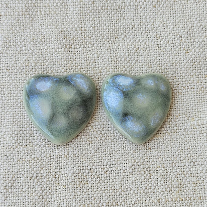 Heart Artisan Ceramic Cabochons, Grayish Mint Opal Dots, one pair