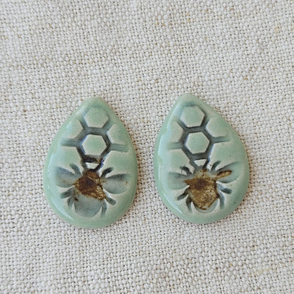Honey Bee Drop Artisan Ceramic Cabochons, Mint Gray Brown, one pair
