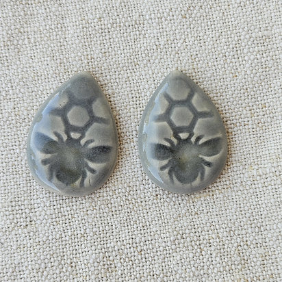 Honey Bee Drop Artisan Ceramic Cabochons, Pastel Gray, one pair