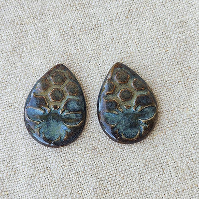 Honey Bee Drop Artisan Ceramic Cabochons, Teal Dark Travertine, one pair