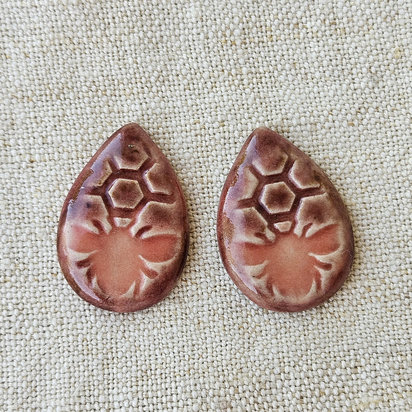 Honey Bee Drop Artisan Ceramic Cabochons, Pink / Brownish Rose, one pair