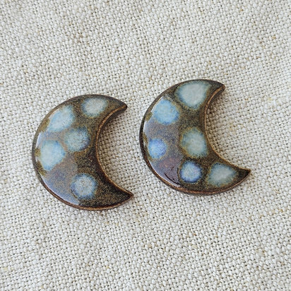 Moon Artisan Ceramic Cabochons, Brown with Whitish Dots, one pair