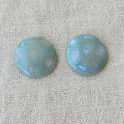 Round Artisan Ceramic Cabochons, Mint Beige Opal Dots, one pair