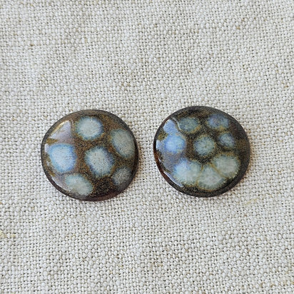 Round Artisan Ceramic Cabochons, Yellow Brown with White Dots, one pair