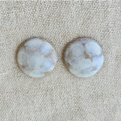 Round Artisan Ceramic Cabochons, Beige Opal White Dots, one pair