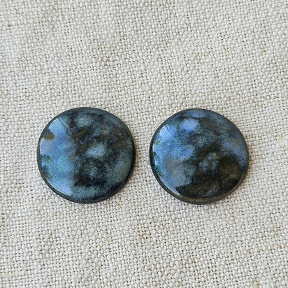 Round Artisan Ceramic Cabochons, Teal Travertine, one pair