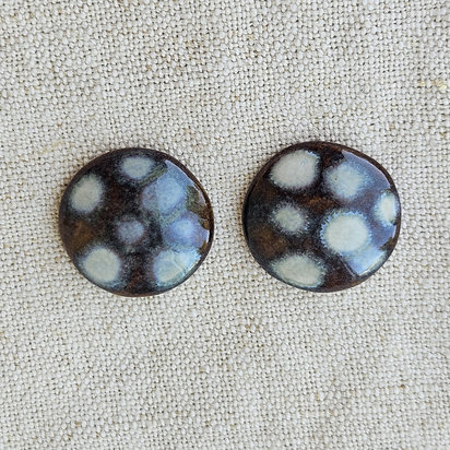 Round Artisan Ceramic Cabochons, Dark Brown White Dots, one pair