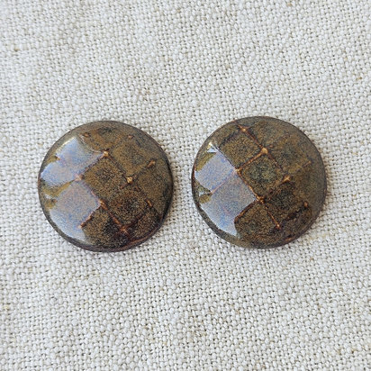 Round Faceted Artisan Ceramic Cabochons, Yellow Brown, one pair