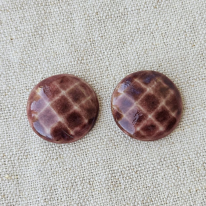Round Faceted Artisan Ceramic Cabochons, Old Rose Brownish, one pair