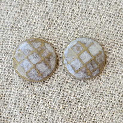 Round Faceted Artisan Ceramic Cabochons, Beige White (2), one pair