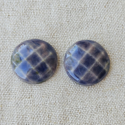 Round Faceted Artisan Ceramic Cabochons, Rosy Sapphire, one pair