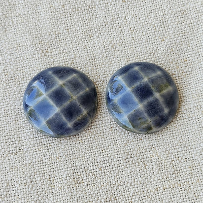 Round Faceted Artisan Ceramic Cabochons, Light Sapphire Green Wash, one pair