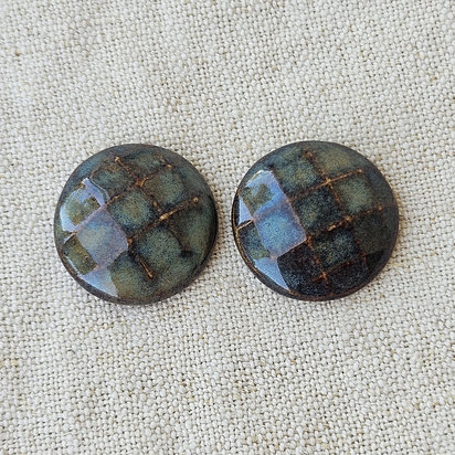 Round Faceted Artisan Ceramic Cabochons, Moss Green Travertine, one pair