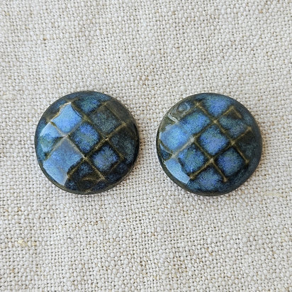 Round Faceted Artisan Ceramic Cabochons, Blue Travertine, one pair
